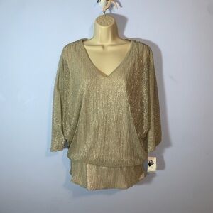 S. Levine Metallic silver ribbed bag wing cinch waist split sleeve blouse XL